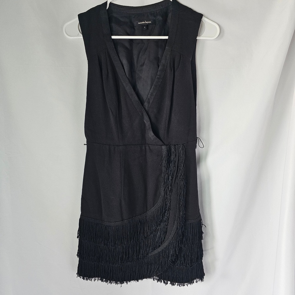Nanette Lepore Fringe Mini Dress‎ Womens 0 Black Flapper Cocktail Glam DESC